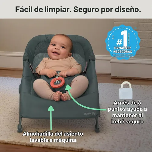 Vista 7 de Ingenuity Stow & Go - Portabebés plegable compacto, asiento portátil ligero con vibración, verde, menos de 5 libras