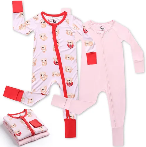 Vista 13 de Pijama de viscosa de bambú con cremallera de 2 vías para cambio de pañal, 0 a 24 meses, suave y elástico, paquete de 2 Oso azul