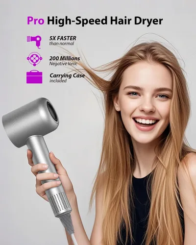 Vista 7 de Secador de pelo 2026 con funda de transporte, secado rápido de 2 minutos, 160000 RPM, secador iónico profesional de alta velocidad, 200 millones