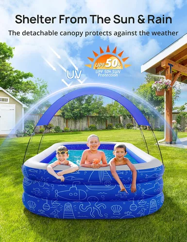 Vista 4 de Piscina inflable grande con toldo, 150 x 70 x 20 pulgadas, piscina inflable de tamaño completo para niños y adultos, piscina infantil con sombrilla