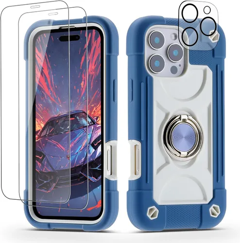 Vista 150 de Funda para iPhone 11 de 6.1 pulgadas con soporte de anillo, con 2 protectores de pantalla de vidrio, resistente a los golpes, resistente a