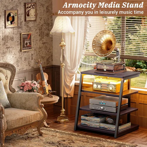 Vista 4 de Soporte multimedia AV de 4 niveles con tiras de alimentación, soporte estéreo con luces LED, torre de audio en rack con estantes ajustables, pequeño