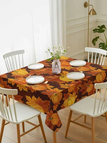 Vista 2 de Mantel rectangular de Acción de Gracias, mantel rectangular de calabaza naranja de 60 x 102 pulgadas, manteles de hojas de arce otoñales, mantel