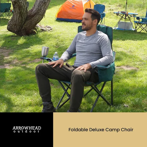 Vista 7 de ARROWHEAD OUTDOOR Silla plegable portátil de lujo para campamento con reposacabezas, portavasos y vidrio, enfriador de 6 latas, bolsa de transporte