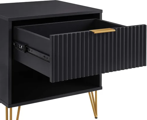 Vista 4 de Manhtattan Comfort Dumbo - Mesita de noche moderna 1.0 con 1 cajón y patas de metal, patas doradas abiertas, diseño acanalado vertical