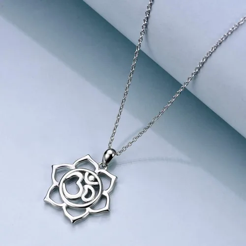 Vista 3 de YAFEINI Om Necklace Yoga Lotus Flower Pendant Aum Om Ohm Necklace Sterling Silver Indian Yoga Jewelry Inspirational Gifts for Mom Women