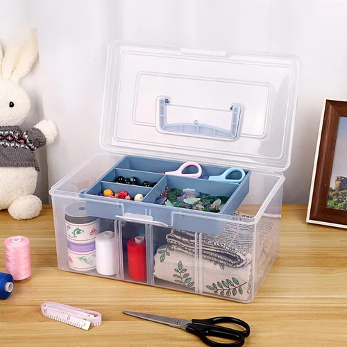 Vista 7 de BTSKY - Caja de almacenamiento de 2 capas de plástico transparente con bandeja extraíble, caja organizadora multiuso para papelería con asa, caja