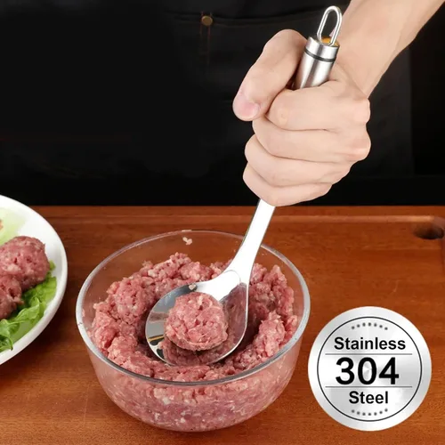 Vista 4 de Cuchara para albóndigas (4 unidades, acero inoxidable, mango largo) NonStick Cooking Tool Set, DIY Kitchen Gadget, Meat Baller Making Tongs, Beef