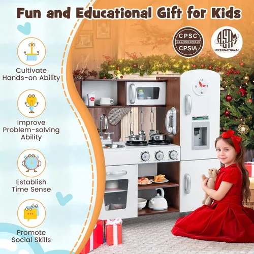 Vista 7 de HONEY JOY Juego de cocina para niños, cocina de madera para niños pequeños, utensilios de cocina, teléfono, reloj, dispensador de agua, gabinete