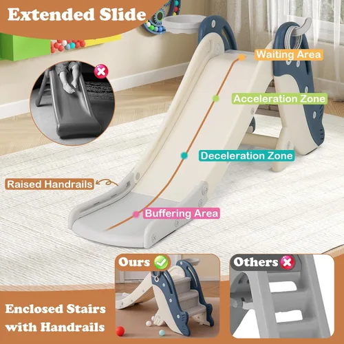 Vista 4 de BABY JOY Tobogán plegable para niños pequeños, juego independiente de escalador para bebés con aro de baloncesto, juego de tobogán para niños