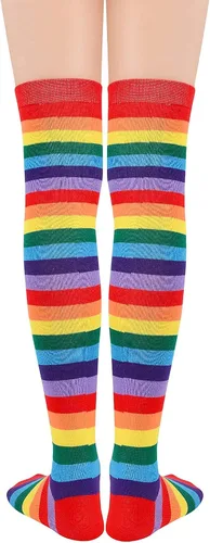 Vista 3 de Century Star Calcetines altos hasta el muslo, medias atléticas a rayas para mujer, calcetines largos de tubo por encima de la rodilla, calcetines