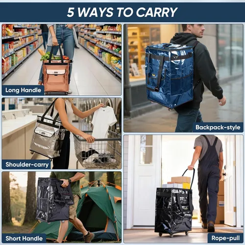 Vista 9 de BALEINE Bolsas de comestibles reutilizables sobre ruedas, bolsa de asas rodante, carrito de compras, mochila grande, carritos de compras