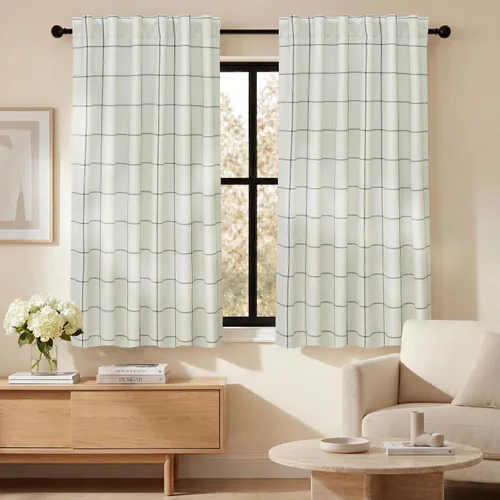 Vista 11 de DriftAway 2 paneles cortinas de lino a cuadros 100% opacas de doble capa cortinas para dormitorio de 96 pulgadas de largo estilo granja con Gris