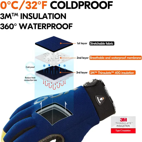Vista 2 de Vgo... 0 °C/32 °F Guantes de trabajo de invierno de cuero de cerdo, guantes de trabajo impermeables y seguros para clima frío (PA7726FW)