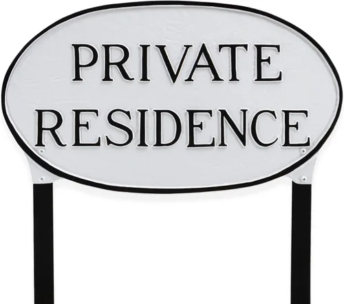 Vista 10 de Montague Metal Products Letrero de residencia privada – Placa de metal ovalada blanca y negra con estaca para césped, 8.5 x 13 pulgadas, letrero