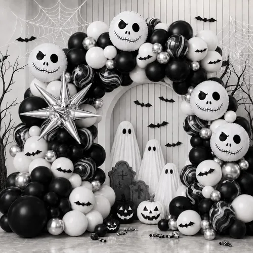 Vista 19 de Jobkoo Kit de guirnalda de arco de globos de Halloween, globos de confeti negro, morado, naranja, globos de confeti de Halloween, cumpleaños, baby