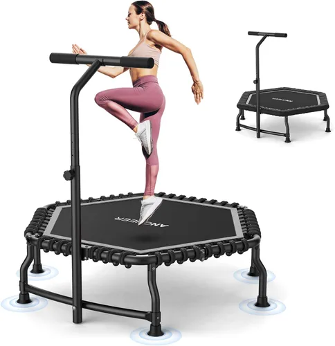Vista 9 de ANCHEER Trampolín, trampolín de rebote de 50'' para adultos con barra, mini trampolín para interiores y exteriores, trampolín de fitness de 550LBS