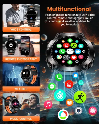Vista 9 de Reloj inteligente militar con GPS para hombre con llamada Bluetooth, AMOLED de 1.43 pulgadas, batería de 730 mAh/linterna, 3 ATM impermeable, más