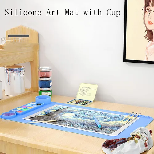 Vista 4 de KJMYYXGS - Paquete de 2 tapetes de arte de silicona con taza, tapete de pintura de silicona con taza, 19.7 x 11 pulgadas, tapete de silicona