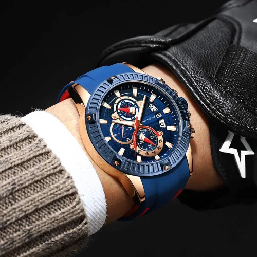 Vista 2 de MF MINIFOCUS - Reloj para hombre resistente al agua con cronógrafo reloj análogo de cuarzo color azul y correa de silicona moderna