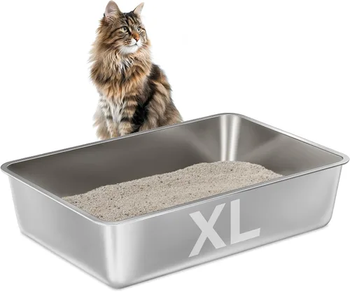 Vista 8 de Caja de arena de acero inoxidable de 6 pulgadas de alto, caja de arena de metal XL para gatos grandes, fácil de limpiar, caja de arena de metal