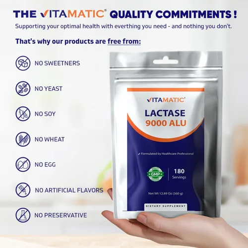 Vista 6 de Vitamatic Polvo de enzima lactasa – 9000 ALU por porción – 180 porciones – Apoya la digestión de lactosa, sin OMG, sin gluten