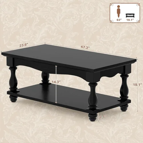 Vista 3 de Besiost Mesa auxiliar de 47 pulgadas con almacenamiento, diseño de granja de 2 niveles, patas de madera maciza, mediados de siglo para sala de Negro