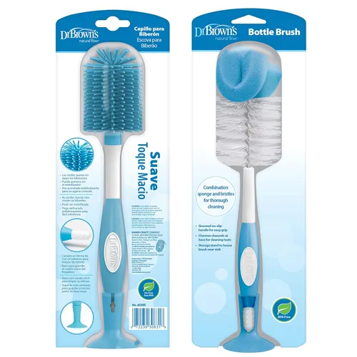 Vista 18 de Dr. Brown's Cepillo de limpieza de biberones de esponja reutilizable, azul, paquete de 3 + cepillo de limpieza de ventilación anticólico, sin BPA