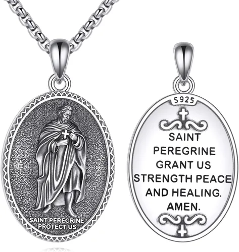 Vista 15 de Collar de Santo Patrón Plata de Ley 925 Colgante Medallón Amuleto Ovalado con Cadena de 22+2 Pulgadas Regalo de Joyería para Hombres y Mujeres