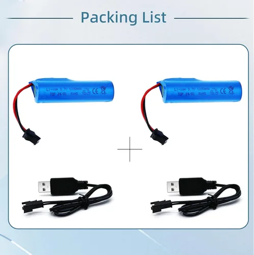 Vista 6 de Batería de iones de litio de 3.7 V de 1200 mAh – Paquete de 2 baterías recargables SM-2P enchufe con 2 cables de carga USB para coches de control