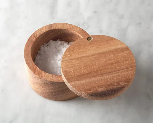 Vista 4 de AnNafi® Caja de madera para bodega con cubierta giratoria Caja de especias de bambú para cocina, soporte clásico para sal y pimienta con tapa