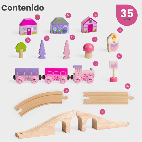 Vista 4 de Bigjigs Rail Juego de figuras de hada de madera de ocho trenes - 40 piezas de juego