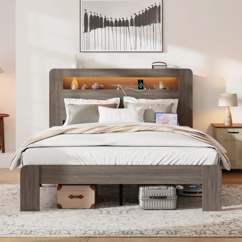 Vista 11 de Marco de cama matrimonial con almacenamiento de cabecero, marco de cama de plataforma de madera con estantería y estantes, estación de carga y luces