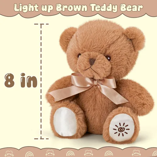 Vista 2 de BSTAOFY Oso de peluche con luz marrón, oso de peluche brillante, juguete de peluche suave para niñas y niños, regalos de cumpleaños, 8 pulgadas