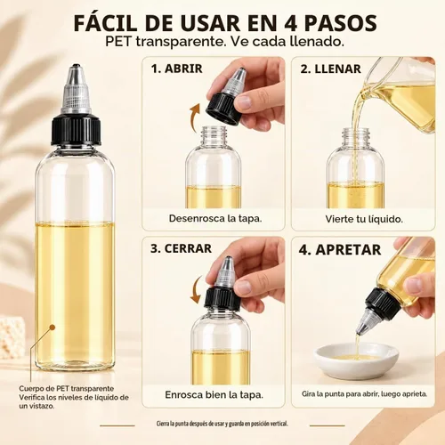 Vista 5 de Paquete de 40 botellas dispensadoras transparentes, botellas exprimibles de Dispensación controlada, hecha de PET, lavable, reutilizable