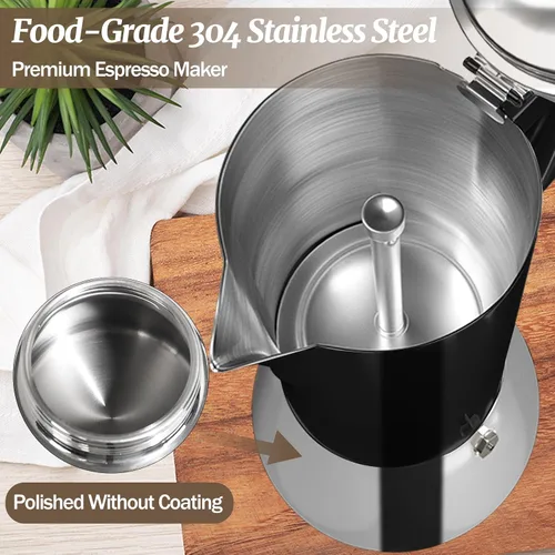 Vista 5 de 4 tazas espesado Moka Pot 304 Acero Inoxidable 6.8 fl oz Cafetera italiana de café expreso, cafetera, cafetera de moca para estufa de inducción