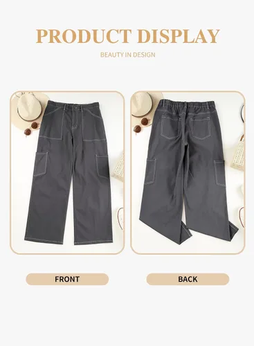 Vista 4 de Eytino Pantalones cargo para mujer, talla grande, cintura alta, elásticos, de pierna ancha, holgados, casuales con bolsillos (1X-5X)
