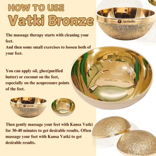 Vista 5 de Kansa Vatki Tazón de bronce Kansa Natural Vatki Ayurvedic Detox Masajeador de pies Relajación y Limpieza Profunda Técnica Antigua India Paquete