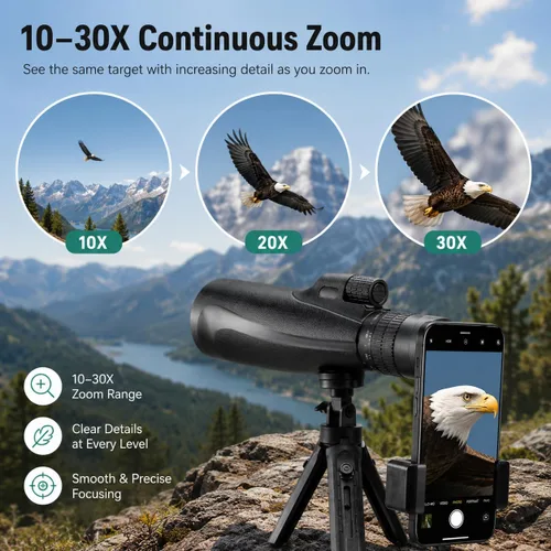Vista 3 de Telescopio monocular con zoom HD 10-30x52 para adultos