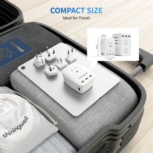 Vista 8 de Adaptador de viaje universal GaN de 45 W, adaptador de corriente internacional 7 en 1 de 2000 W con 3 USB-C (45 W PD)/2 USB-A/2 CA, enchufe mundial