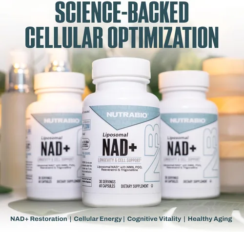 Vista 5 de NutraBio Suplemento liposomal NAD+ con resveratrol, NMN y PQQ para la longevidad y el apoyo celular para hombres y mujeres, vitalidad a largo plazo