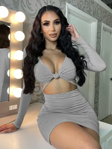 Vista 2 de XXTAXN - Vestido corto sexy para mujer con cuello en V profundo y manga larga