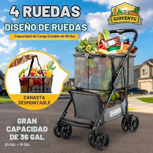 Vista 2 de Carrito de compras plegable con ruedas, carritos de comestibles multiusos de 80 libras con ruedas de 360° y bolsa extraíble, carritos de compras