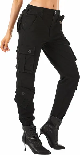 Vista 3 de Raroauf Pantalones cargo de algodón para mujer, estilo militar, combate, pantalones capri con 8 bolsillos