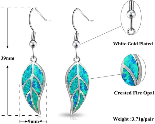 Vista 6 de CiNily Aretes colgantes chapados en oro blanco de 18 quilates con ópalo de hoja para mujeres, adolescentes y niñas, hipoalergénicos, regalo