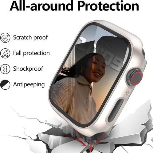 Vista 2 de 4 fundas rígidas de policarbonato compatibles con Apple Watch Series 7/8/9 de 1.614 pulgadas con protector de pantalla de cristal, protector Oro