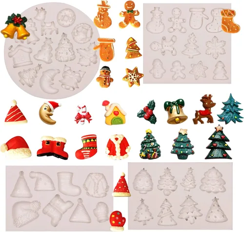 Vista 10 de Moldes de Navidad para fondant, 3 paquetes de moldes pequeños de silicona para decoración de pasteles, adornos de cupcakes, pasta de goma