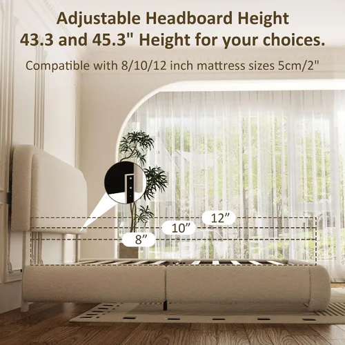 Vista 6 de Base de cama tamaño Queen, marco de cama de terciopelo Teddy Boucle con cabecera tapizada ajustable de 43.3"/45.3", esquinas redondeadas, base