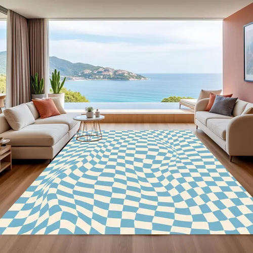 Vista 7 de Alfombra ondulada azul única con diseño de cuadros para sala de estar, extra grande, lavable a máquina, alfombra de pasillo de cocina, alfombra