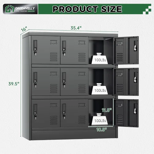Vista 3 de Greenvelly Gabinete de almacenamiento de 9 puertas para empleados, casillero de metal para oficina, gimnasio, escuela, casillero de acero negro